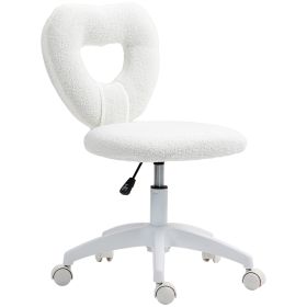 Armless Computer Desk Chair, Office Task Chair, Teddy Fleece Heart Makeup Vanity Chair With Swivel Wheels, White