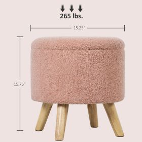 Round Ottoman Stool With Storage, Linen Upholstered Foot Stool With Padded Seat, Hidden Space And Wood Legs,