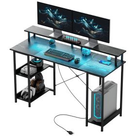 Computer Desk With Storage, 55 Reversible Computer Table With Power Outlets And LED Lights, Distressed Black