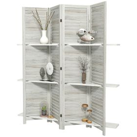 4 Panel 67 Tall Wood Privacy Screen Room Divider With 3 Shelves And Folding Storage For Bedroom, Distressed White