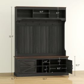 3-in-1 Hall Tree With Shoe Storage, Coat Rack With Bench, Entryway Furniture With Hooks, Black Wood Grain