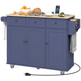 Kitchen Island On Wheels With Drop Leaf, Charging Station, Rolling Kitchen Cart With Wood Top, Adjustable Shelf, Blue