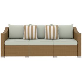 Rattan Wicker 3 Seater Patio Couch With Cushions, 2 Throw Pillows, Outdoor Furniture Rattan Sofa, Light Gray