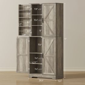 Farmhouse Kitchen Pantry, 72 Tall Pantry Cabinet With 4 Barn Doors, 4 Adjustable Shelves And 8 Door Shelves, Gray Wash
