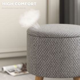 Round Ottoman Stool With Storage, Linen Upholstered Foot Stool With Padded Seat, Hidden Space And Wood Legs, Light Gray