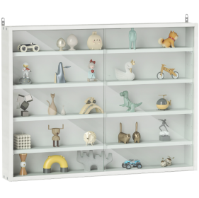 5-Tier White Display Cabinet With Glass Doors & Adjustable Shelves, Wall-Mounted