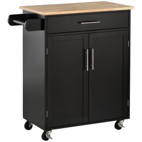 Portable Kitchen Storage Trolley, Black, With Magnetic Door Catch, Rubberwood Top On Wheels