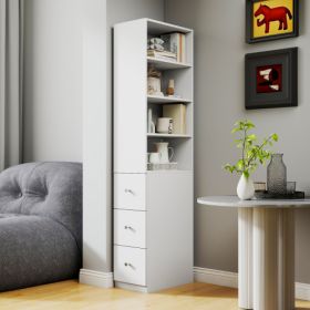 70.87 H Display Storage Cabinet , 4-Tier Shelf, 3 Side Drawers , Modern Wooden Tall Bookshelf Bookcase For Living Room Home Office (Color: White)
