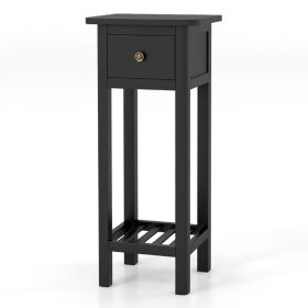 2 Tier Slim Nightstand Bedside Table With Drawer Shelf (Color: Black)
