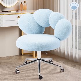 Armless Desk Chair Teddy Fabric Vanity Chair With Wheel (Color: Blue)