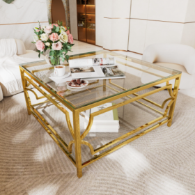 Square Glass Coffee Table In 33.5 ,Luxurious Geometric Metal Frame,Gold Finish  Lower Shelf (Option: Transparent)