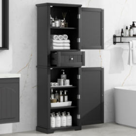 Tall Bathroom Storage Cabinet, Freestanding Storage Cabinet With Drawer And Adjustable Shelf, MDF Board With Painted Finish (Color: Black)